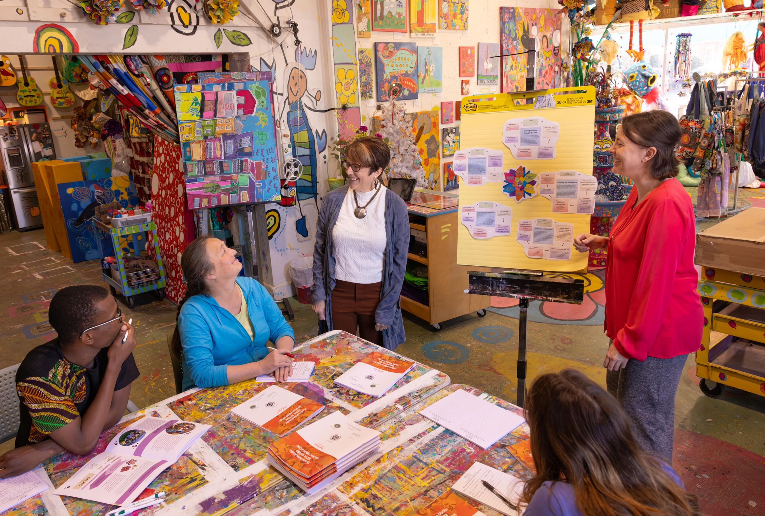 Co-Director Dr. Lynn Harter and Chief Video Producer Megan Westervelt meet with Community Fellow Patty Mitchell and OHIO students Francis Ametepey and Ella Spremulli as they collaboratively storyboard for the Experiential Learning Library that the Storytelling Institute is creating in partnership with Passion Works Studio.
